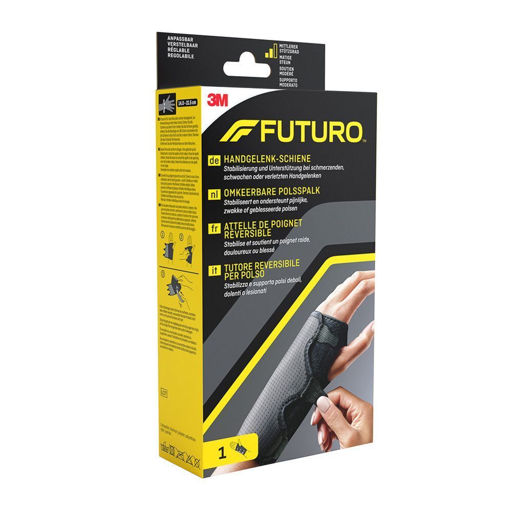 FUTURO™ polsbrace in verpakking. Zwarte brace met hand. Tekst in het Duits, Nederlands, Frans en Italiaans.