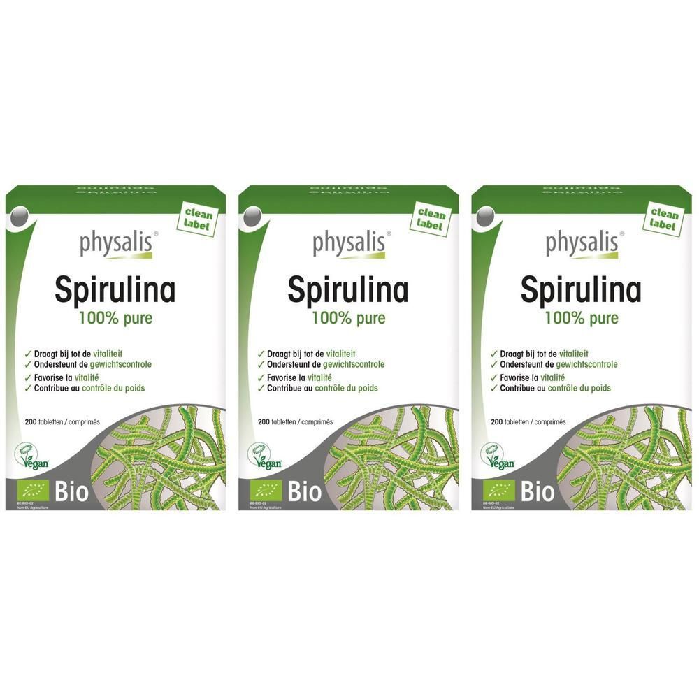 Drie verpakkingen Physalis Spirulina Bio. Witte verpakking met groen logo en tekst. Bevat 200 tabletten. Bio-certificering.