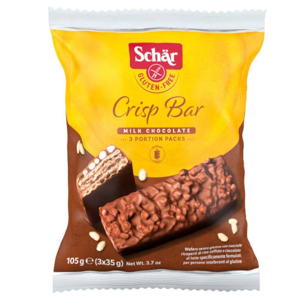 Paquet de Schär Crisp Bar. Sans gluten. Chocolat au lait. 3 portions. Poids total 105g. Deux barres sont représentées.