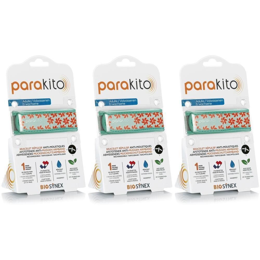 Trois bracelets ParaKito emballés. Bracelet vert menthe à motifs floraux rouges. Emballage avec logo et informations produit.