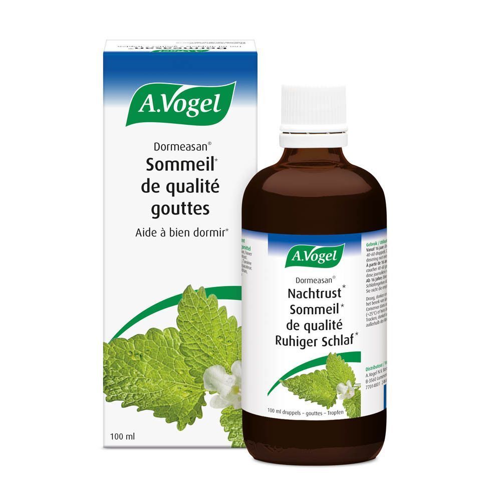 Une bouteille brune et une boîte blanche. La bouteille porte A. Vogel, Dormeasan, Nachtrust, Sommeil de qualité, Ruhiger Schlaf.