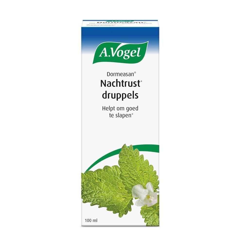 Een witte doos met een blauw en groen ontwerp. Op de doos staat A. Vogel, Dormeasan, Nachtrust, Sommeil de qualité, gouttes.