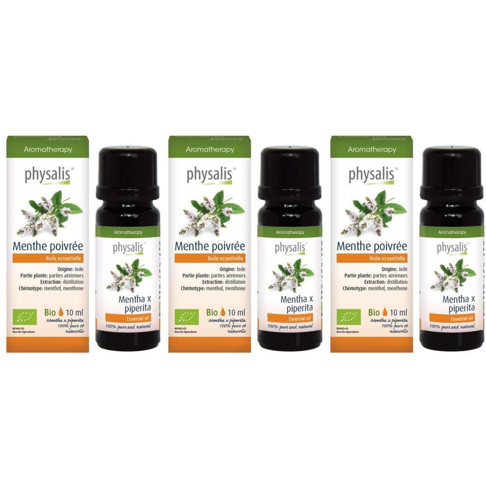 Cinq flacons et emballages. Inscription: Physalis Menthe poivrée Huile Essentielle Bio. Avec label bio.