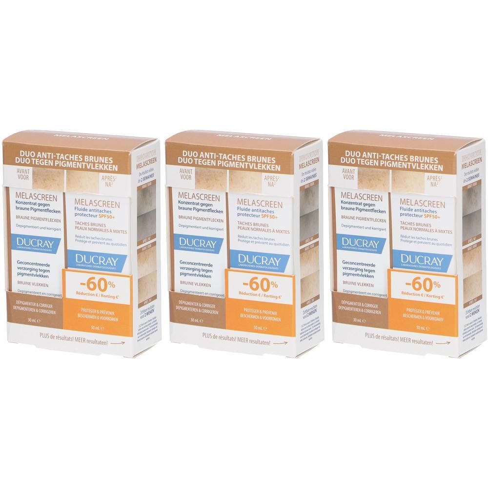 Drie dozen Ducray Melascreen. Opschrift: Duo Anti-Taches Brunes, Melascreen, -60%.