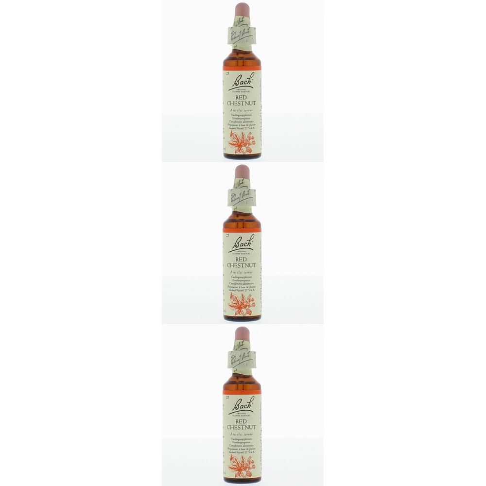 Trois flacons de liquide brun. Étiquette avec texte: Bach Red Chestnut. Bouchon rose et compte-gouttes.