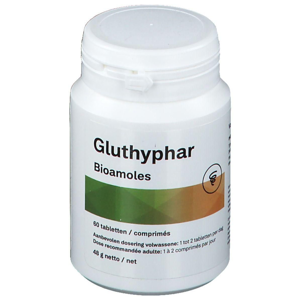 Witte tablettenfles met klapdeksel. Opschrift Gluthyphar, Bioamoles. Bevat 60 tabletten. Doseerinstructies in het Nederlands en Frans.