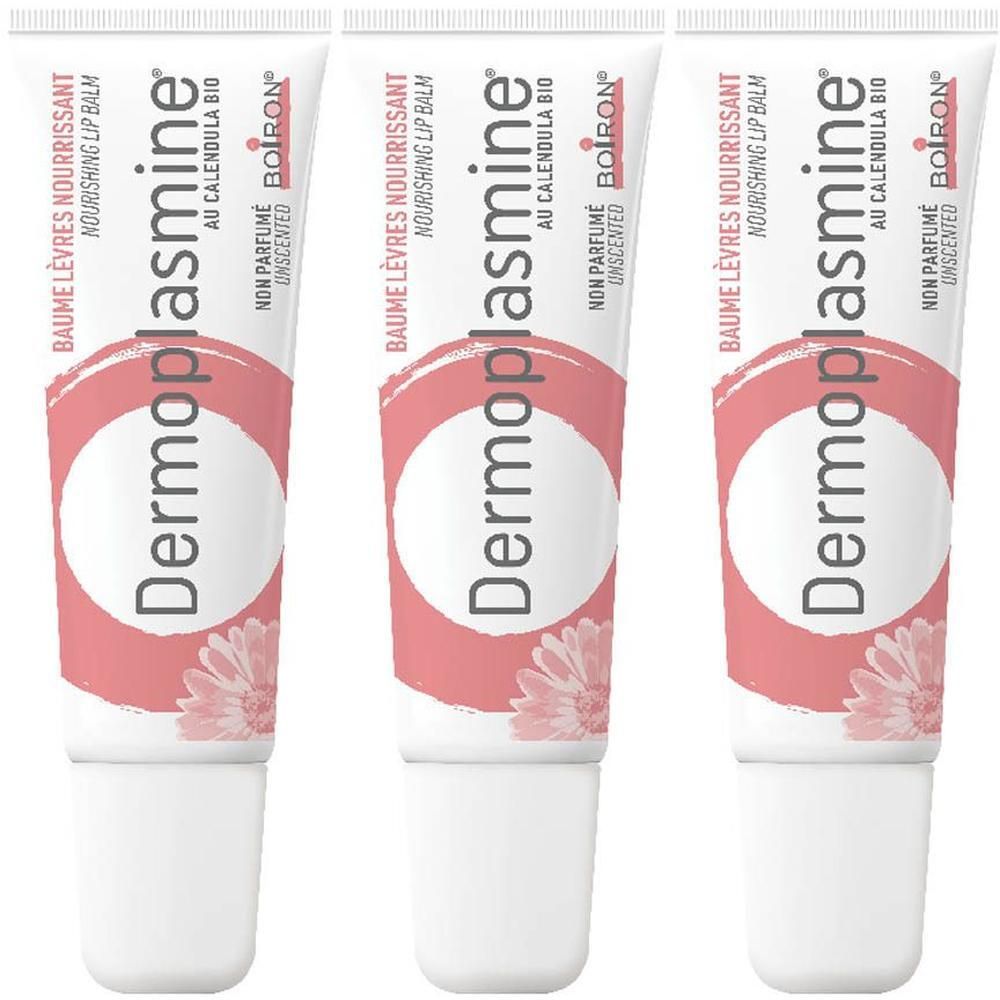 Trois tubes de baume à lèvres. Blancs, avec cercle rose et texte. Inscription: Dermoplasmine, Boiron, Calendula Bio.