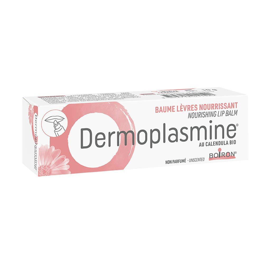 Doosje lippenbalsem. Wit, met roze cirkel en tekst. Opschrift: Dermoplasmine, Boiron, Calendula Bio.