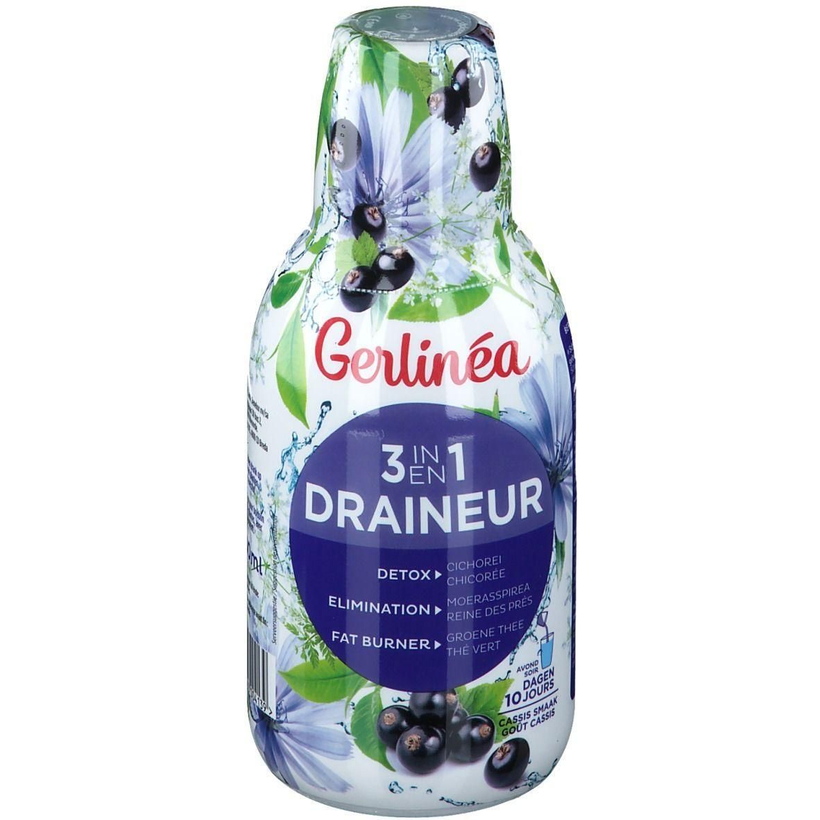 Gerlinéa Draineur 3 in 1 fles. Blauw-witte verpakking met bloemmotief en productinformatie. Bevat 10 dagen.