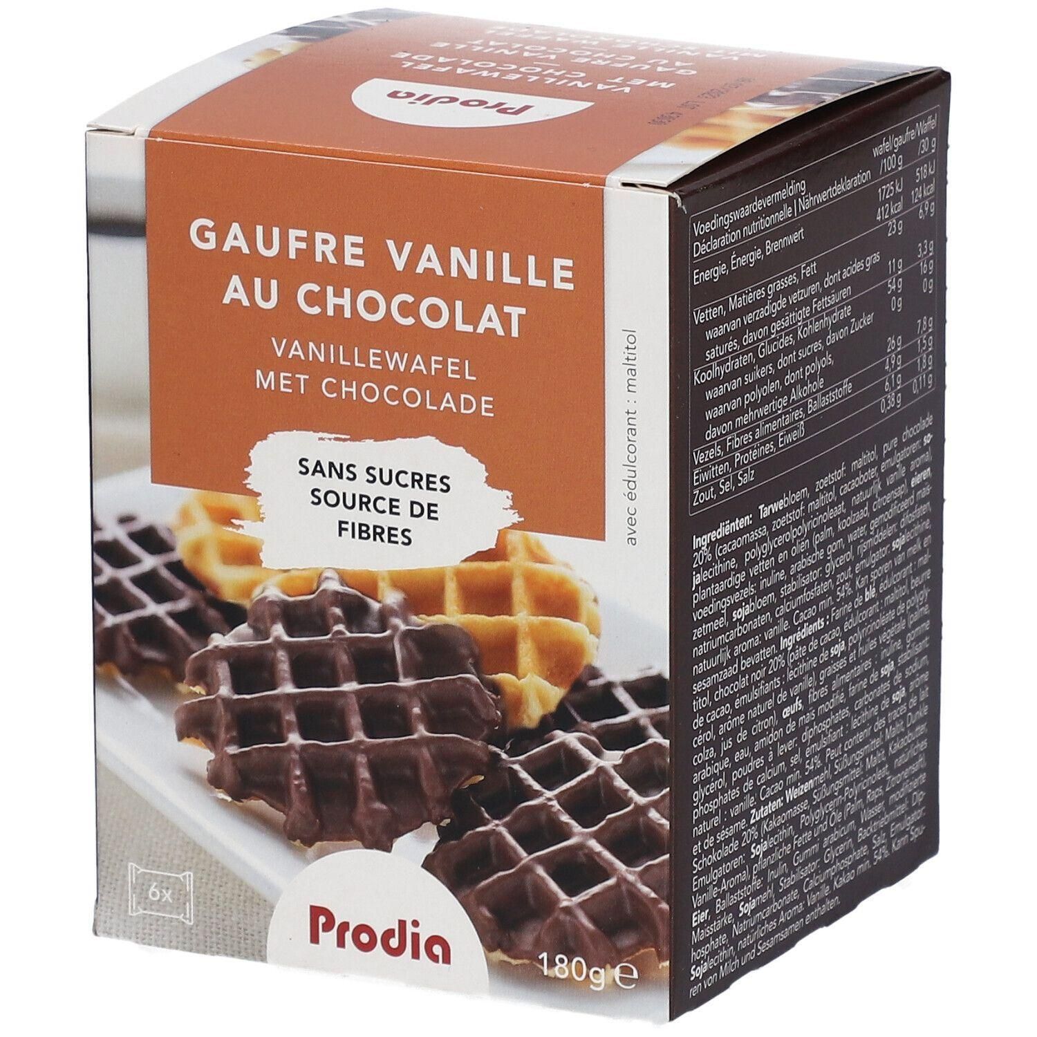 Boîte de gaufres. Inscription : Gaufre Vanille au Chocolat, Sans Sucres, Source de Fibres. Marque : Prodia. 180g.