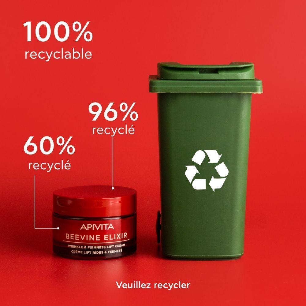 Pot de crème à côté d'une poubelle verte. Texte: APIVITA BEEVINE ELIXIR. 100% recyclable.