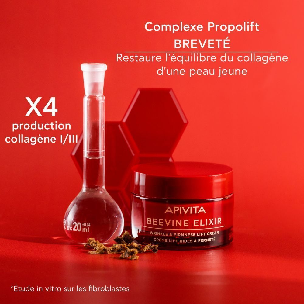 Pot de crème à couvercle rouge. Texte: APIVITA BEEVINE ELIXIR. Sur fond rouge. Matériel de laboratoire.