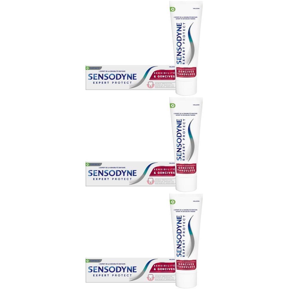 Tubes de dentifrice blancs avec graphiques bleus et verts. Texte: Sensodyne Expert Protect, Sensibilité & Gencives.