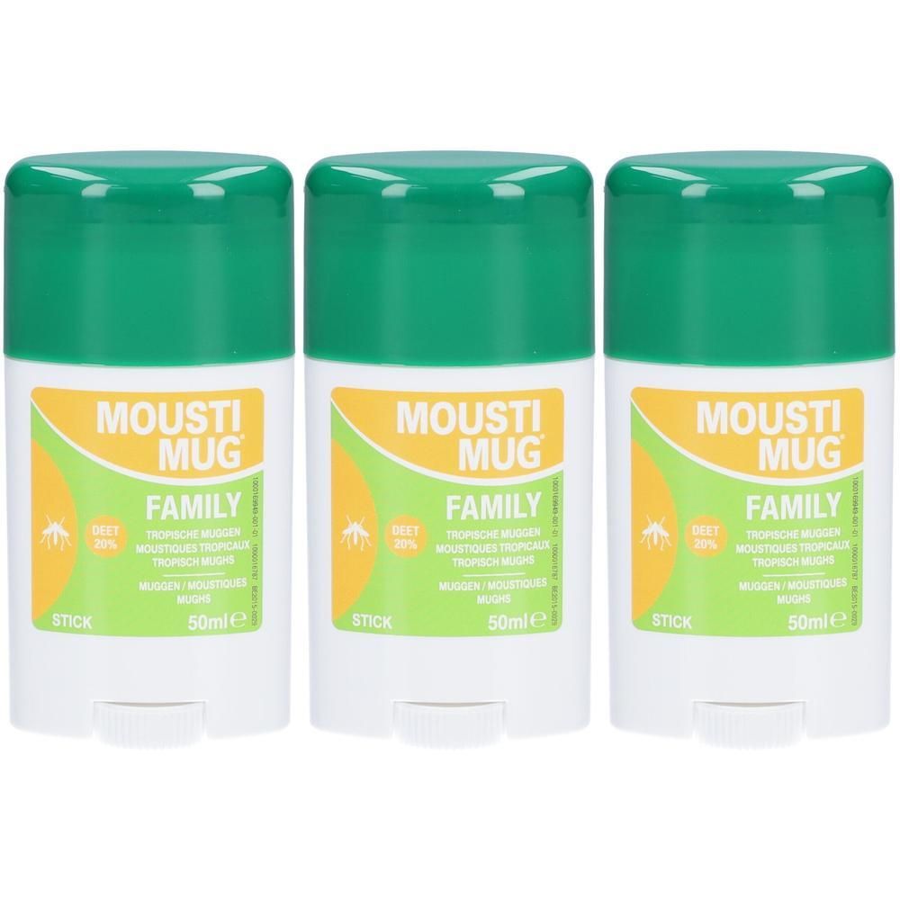 Drie witte sticks met groene deksels. Op elke stick staat "MOUSTI MUG FAMILY", tekst en een insecten-symbool. 50ml.