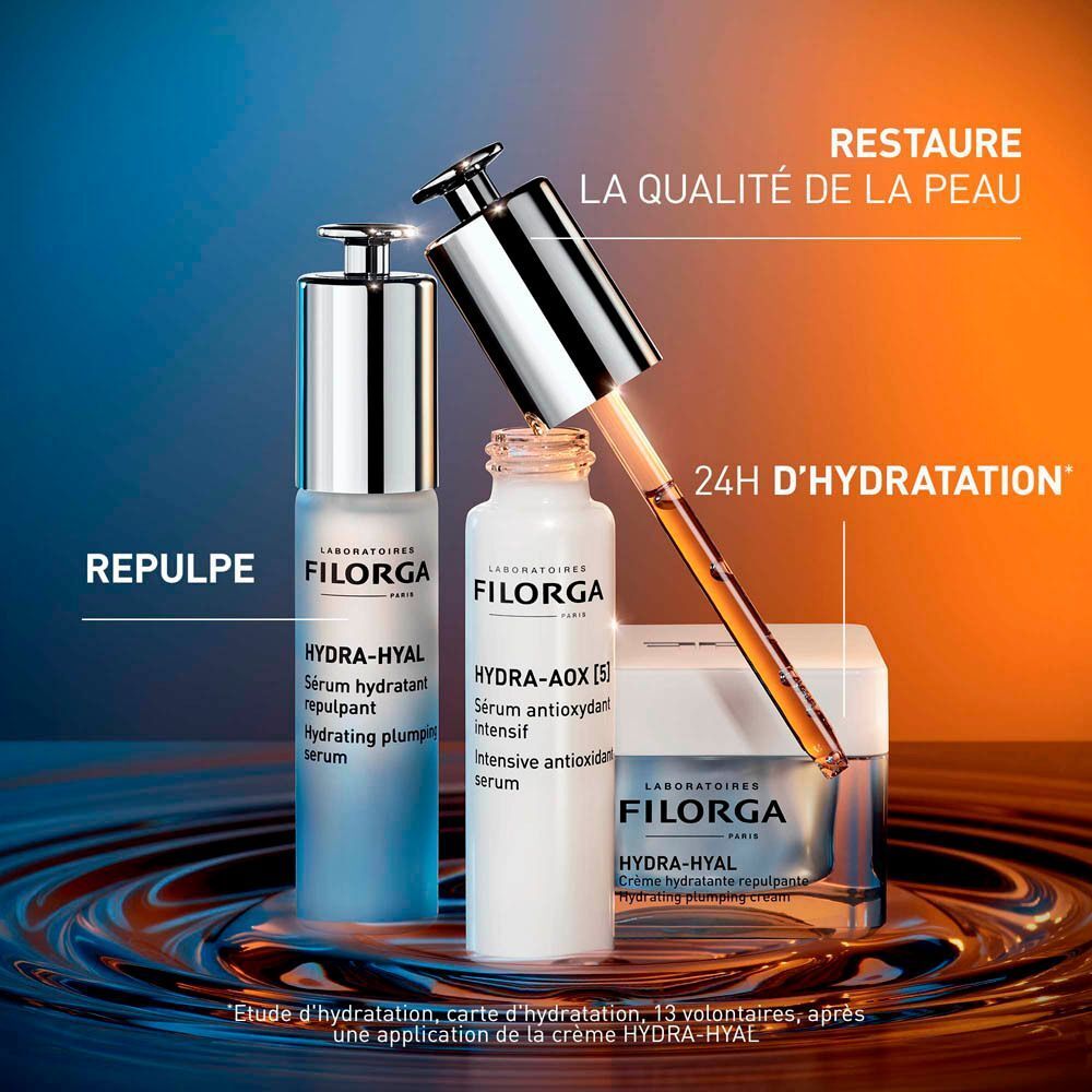 Trois produits Filorga: sérum HYDRA-HYAL, sérum HYDRA-AOX [5], crème HYDRA-HYAL. Texte: 24H D'HYDRATATION.