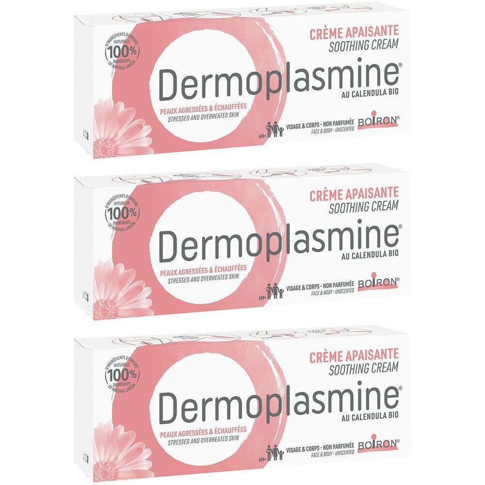 Drie dozen Dermoplasmine. Opschrift: Crème Apaisante, Soothing Cream. Met Bio Calendula. Merk Boiron. Roze en witte verpakking.