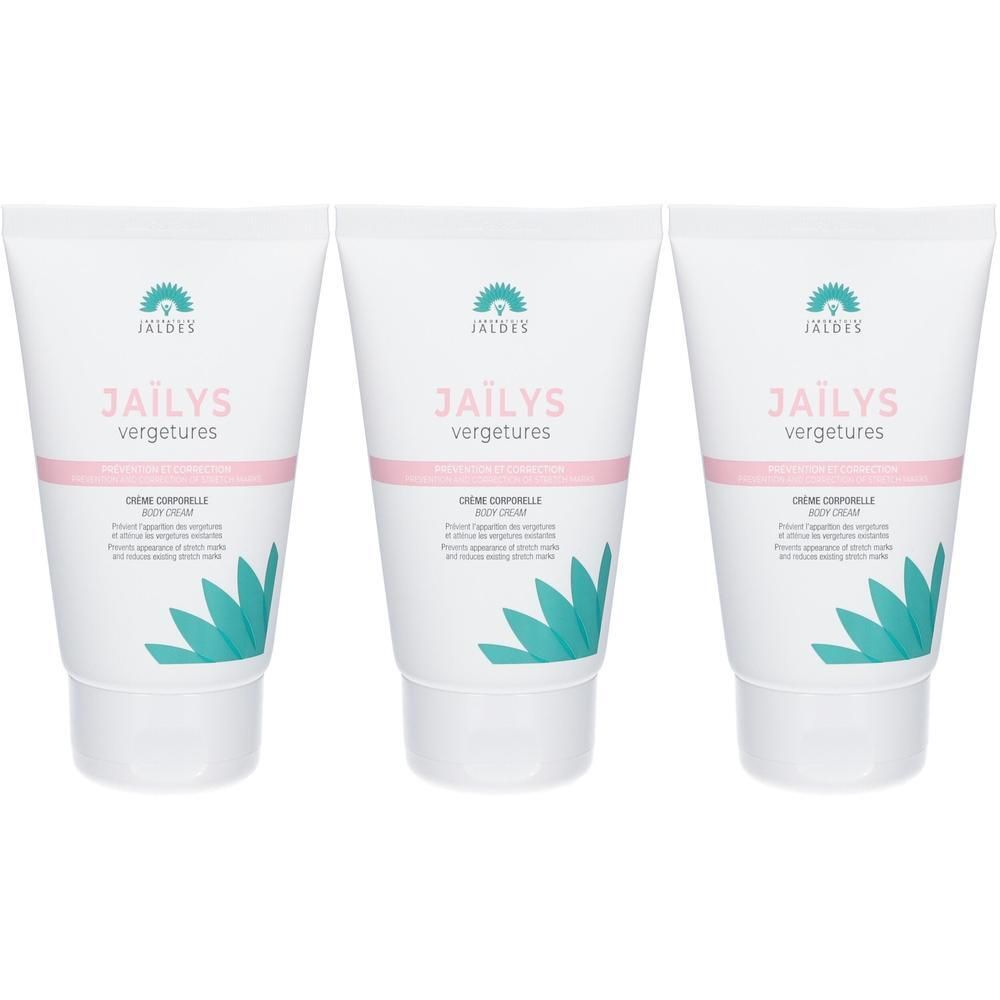 Drie witte tubes met roze en turquoise accenten. Op elke tube staat JAÏLYS vergetures.
