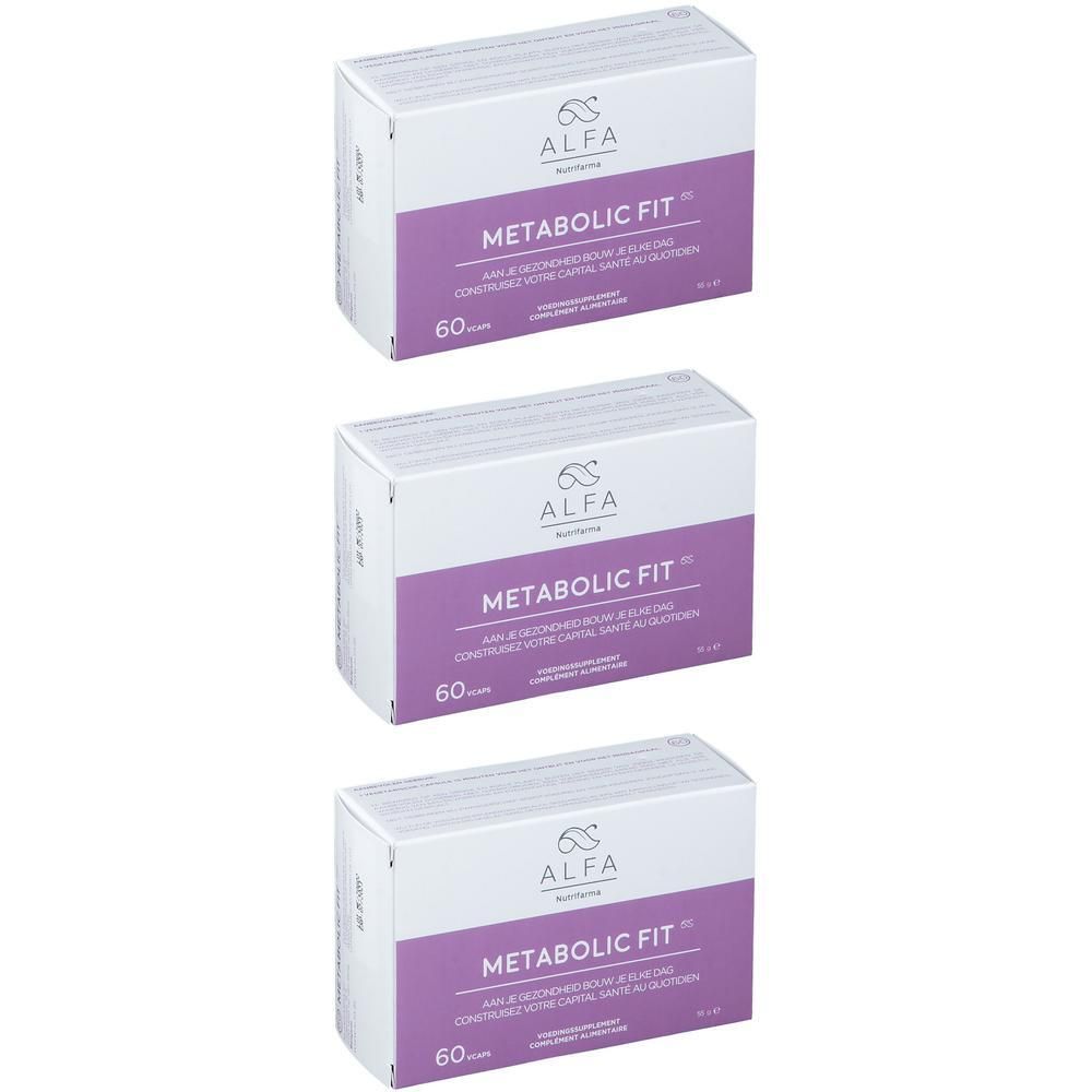 Drie witte dozen met paarse accenten. Op elke doos staat "ALFA" en "METABOLIC FIT". Op elke doos staat "60". 