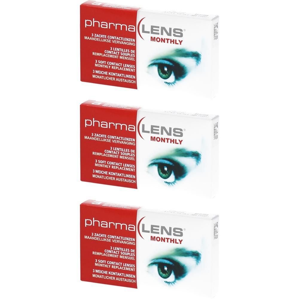 Trois boîtes de lentilles de contact. Chaque boîte porte l'inscription "pharma LENS MONTHLY". Les boîtes sont blanches avec du texte rouge.
