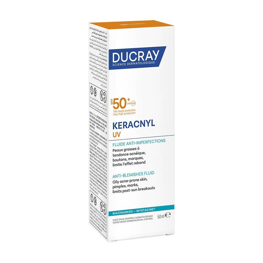 Ducray Keracnyl UV anti-imperfectie vloeistof met SPF 50+ in witte verpakking.