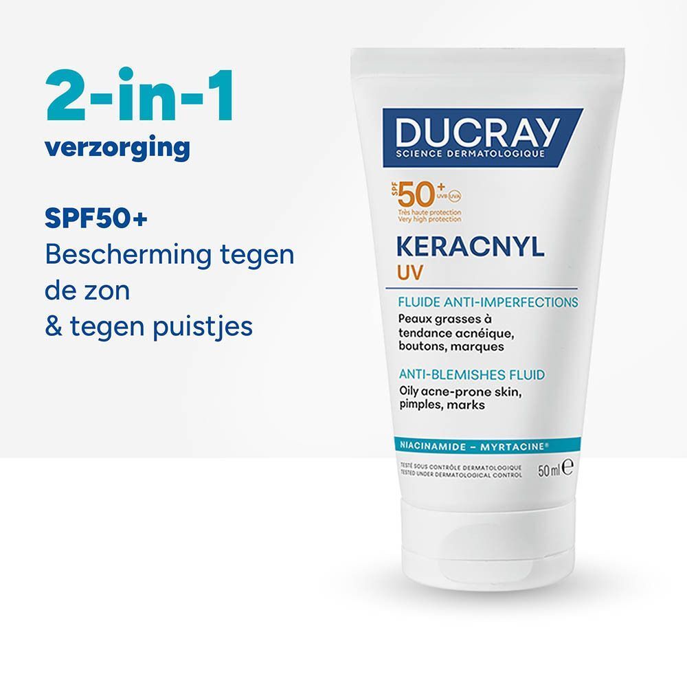 Ducray Keracnyl UV Anti-Imperfections Fluid SPF50+ in 50ml tube. Voor de onzuivere, vette huid.