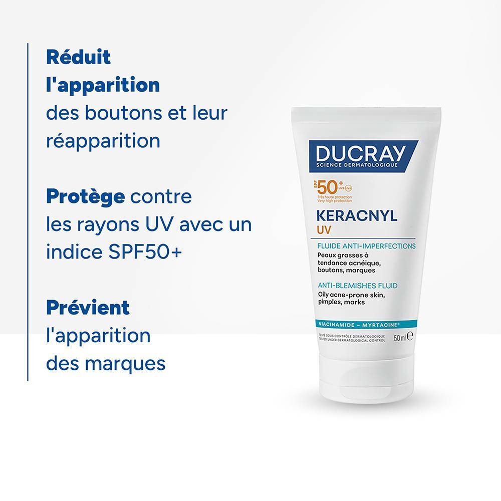 Fluide Ducray Keracnyl UV SPF50+. Fluide anti-imperfections pour peaux grasses à tendance acnéique.