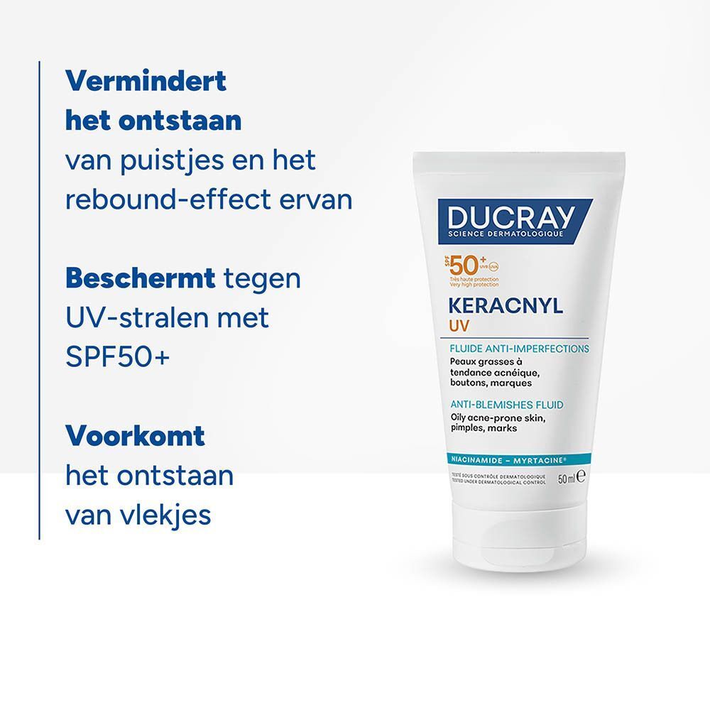 Ducray Keracnyl UV Fluid met SPF 50+ in een witte tube.