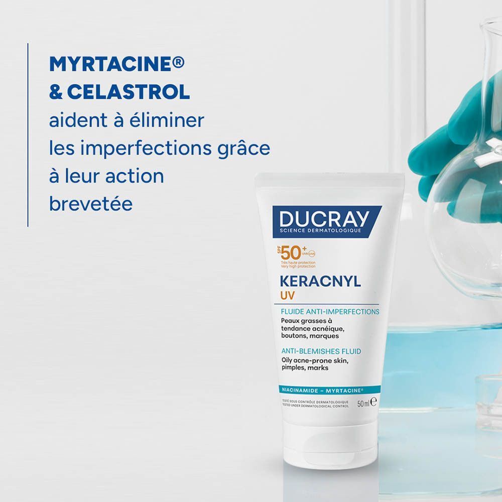 Ducray Keracnyl UV Fluide SPF50+ pour peaux à tendance acnéique. 50ml. Myrtacine et Celastrol.