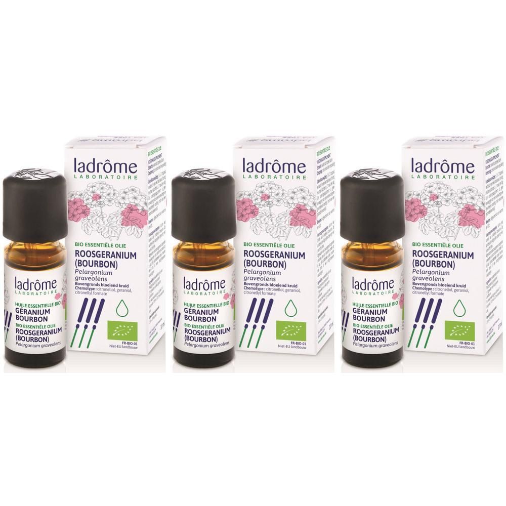 Drie flesjes etherische olie met dozen. Labels: "ROOSGERANIUM (BOURBON)" en "ladrôme".