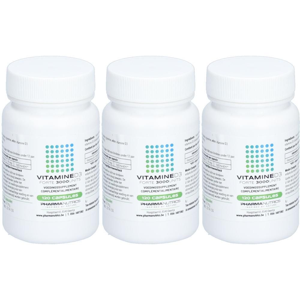 Drie witte flessen met schroefdop. Op elke fles staat "VITAMINE D3 FORTE 3000IU" en "120 Capsules". 
