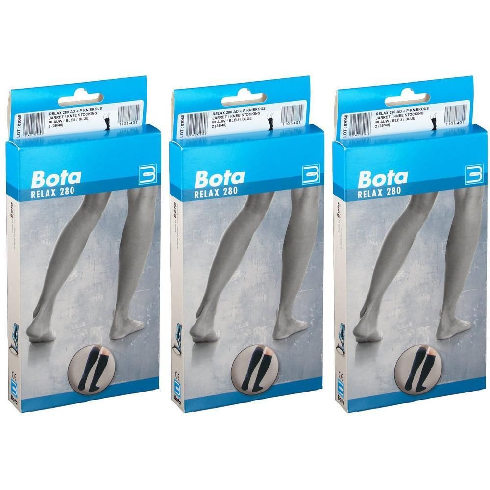 Drie blauwe productverpakkingen. Op elke verpakking staat "Bota Relax 280" en een afbeelding van benen. Kartonnen dozen.