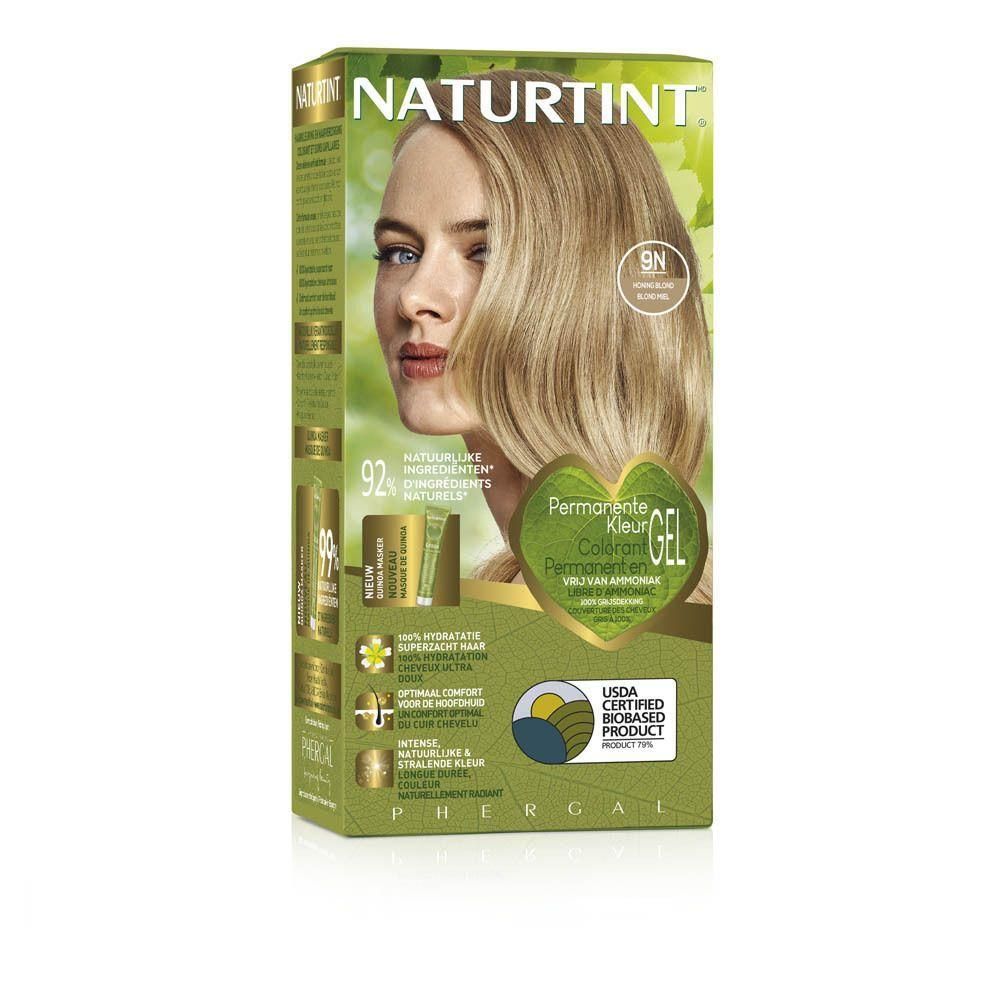 Boîte de Naturtint Permanente Haarkleuring Honing Blond 9N. Boîte verte et dorée avec image du produit et certifications.