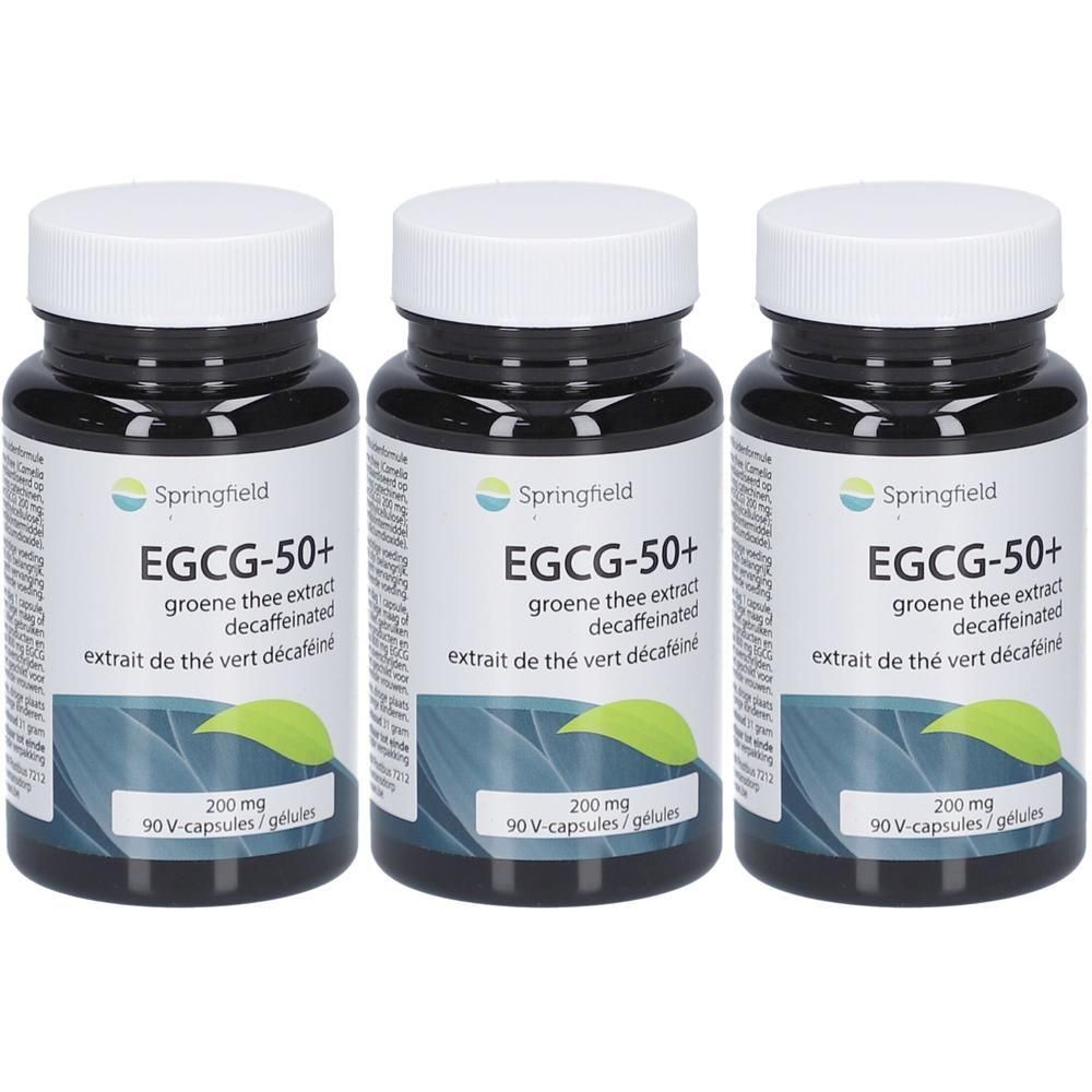 Trois flacons Springfield EGCG-50+ avec bouchon blanc. Inscription : groene thee extract decaffeinated, extrait de thé vert décaféiné. 90 gélules.
