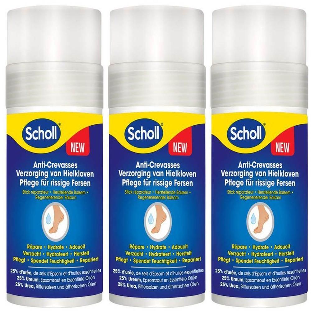 Drie cilindrische sticks met witte deksels. Blauwe etiketten met gele band en productinformatie. Merk Scholl.