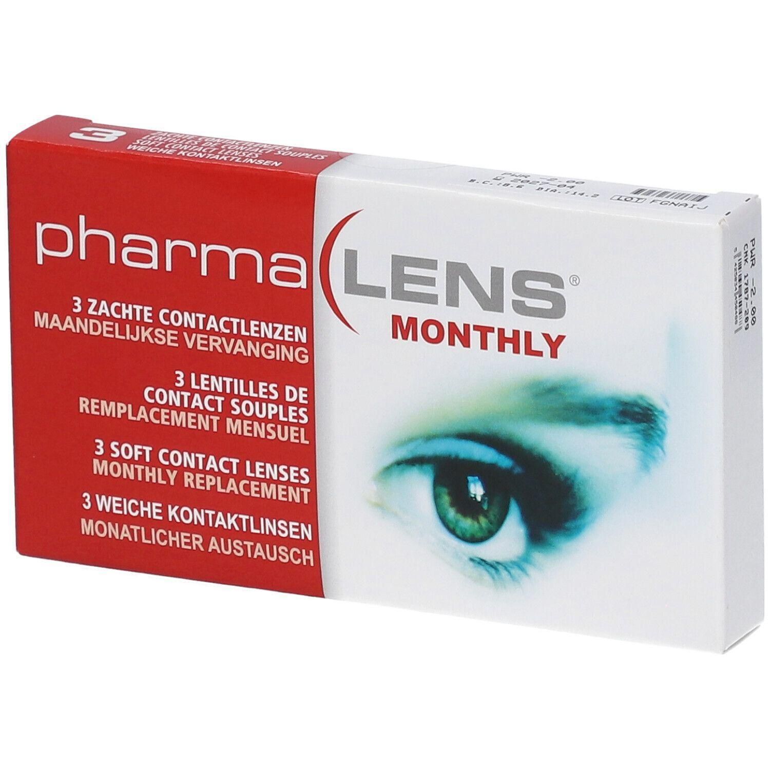 Verpakking van Pharma Lens Monthly contactlenzen. Bevat 3 zachte lenzen. Opschrift: Maandelijkse vervanging.