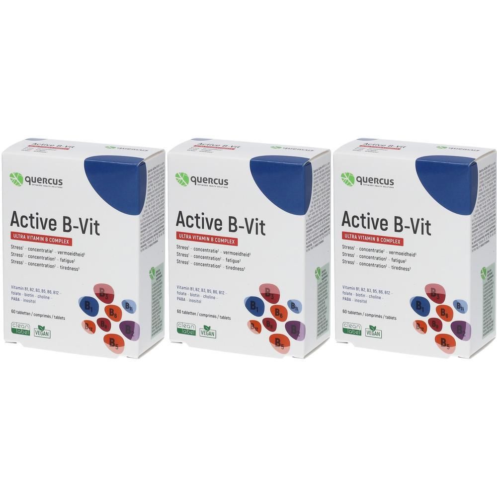 Drie dozen met "Active B-Vit Ultra Vitamine B Complex" van Quercus. Elke doos heeft een blauw bovenstuk en een afbeelding van tabletten.