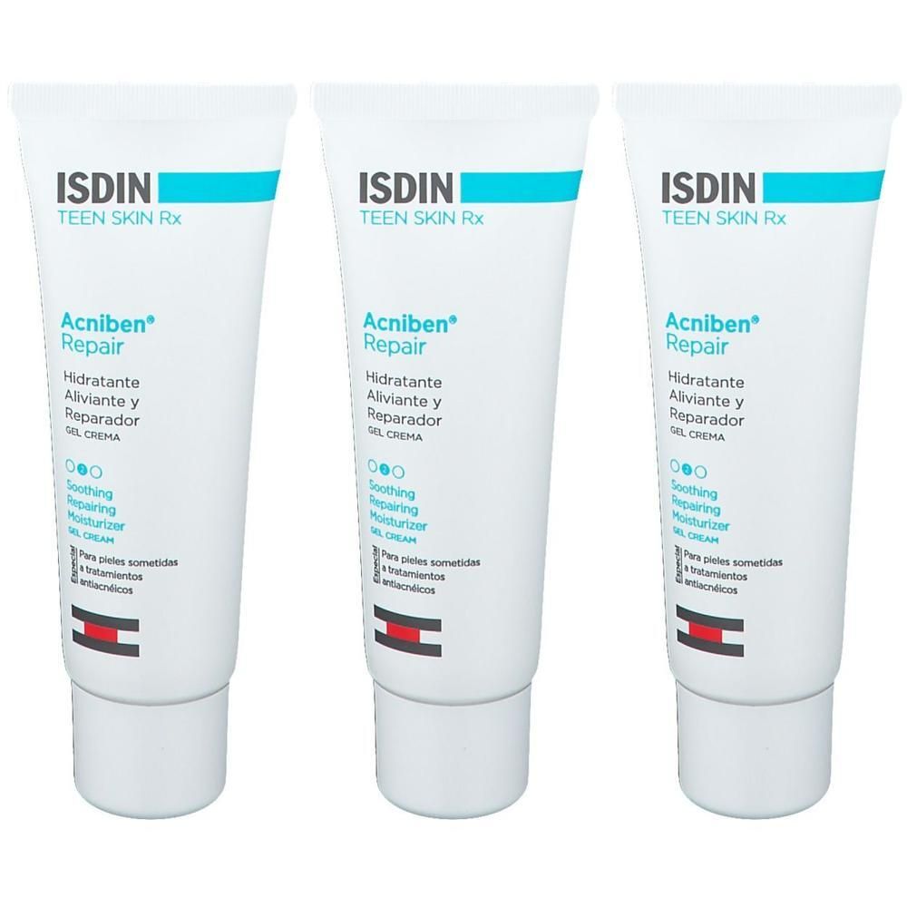 Trois tubes de gel-crème ISDIN Acniben Repair. Tubes blancs avec texte bleu et rouge. Texte: Acniben Repair, Hidratante, Aliviante y Reparador.