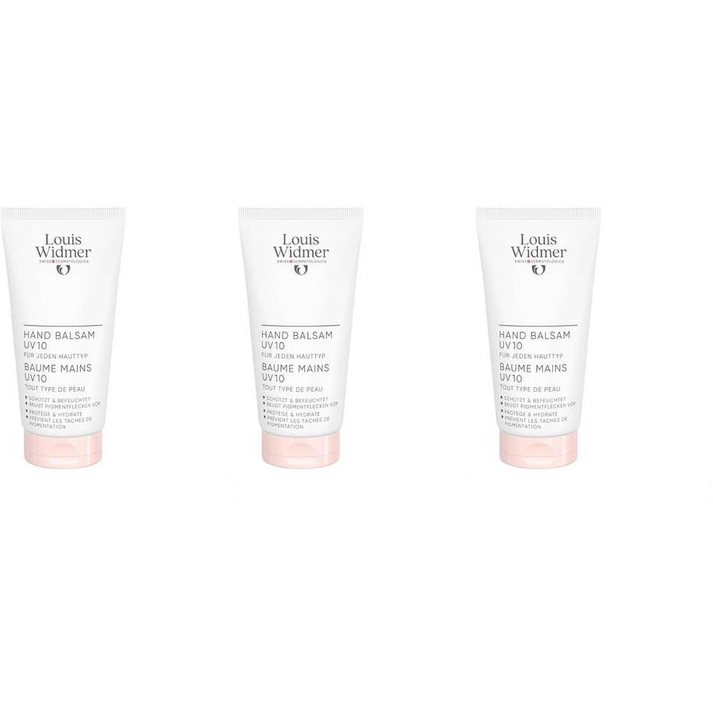 Drie tubes handbalsem met roze dop. Opschrift: Hand Balsam UV10.