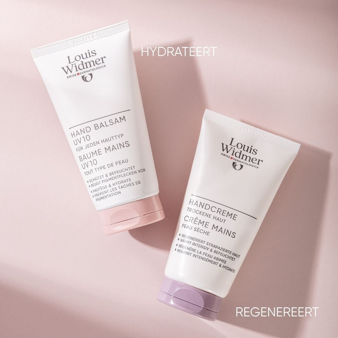 Twee tubes handcrème en handbalsem. Opschrift: Handcreme en Hand Balsam UV10.