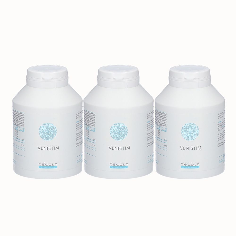 Drie witte flessen met doppen. Op elke fles staat "VENISTIM" en "decola".