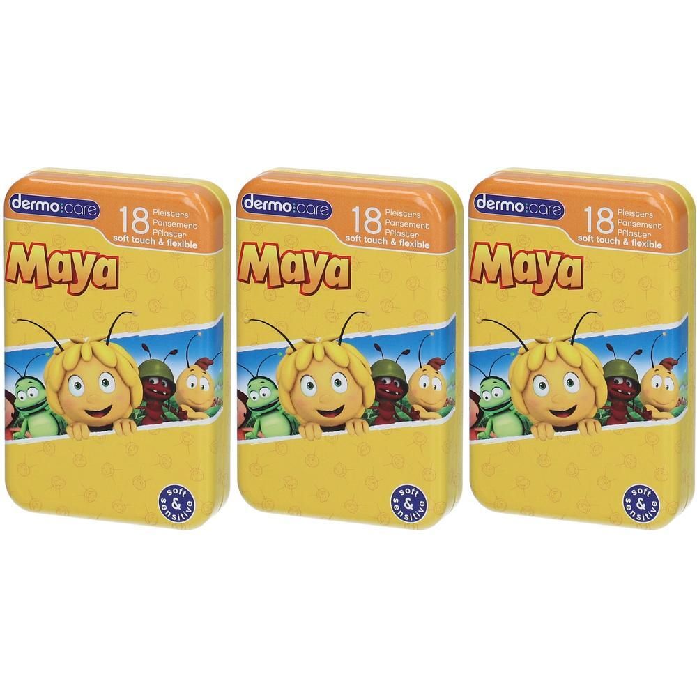 Trois boîtes de pansements Maya. Emballage jaune avec couvercle orange. 18 pièces. Doux et souple.