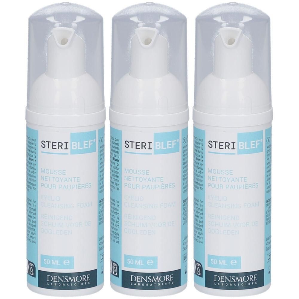 Drie witte flessen met transparante doppen. Op elke fles staat "STERI BLEF" en "MOUSSE NETTOYANTE POUR PAUPIERES".