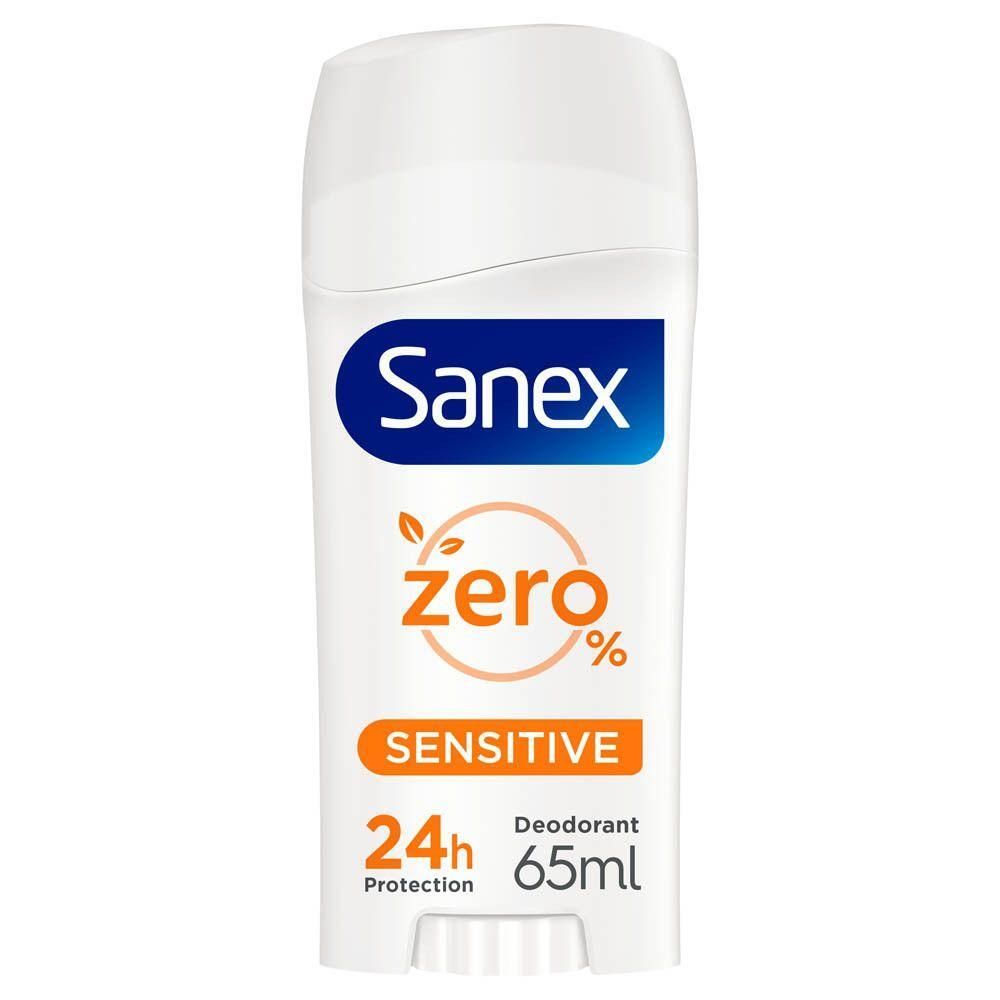 Stick déodorant blanc Sanex. Inscription: Zero%, Sensitive, 24h Protection, 65ml.