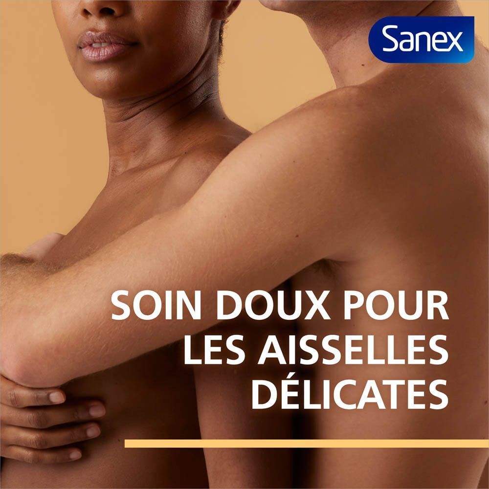 Deux personnes s'embrassent. Texte: Soin doux pour les aisselles délicates. Logo Sanex.