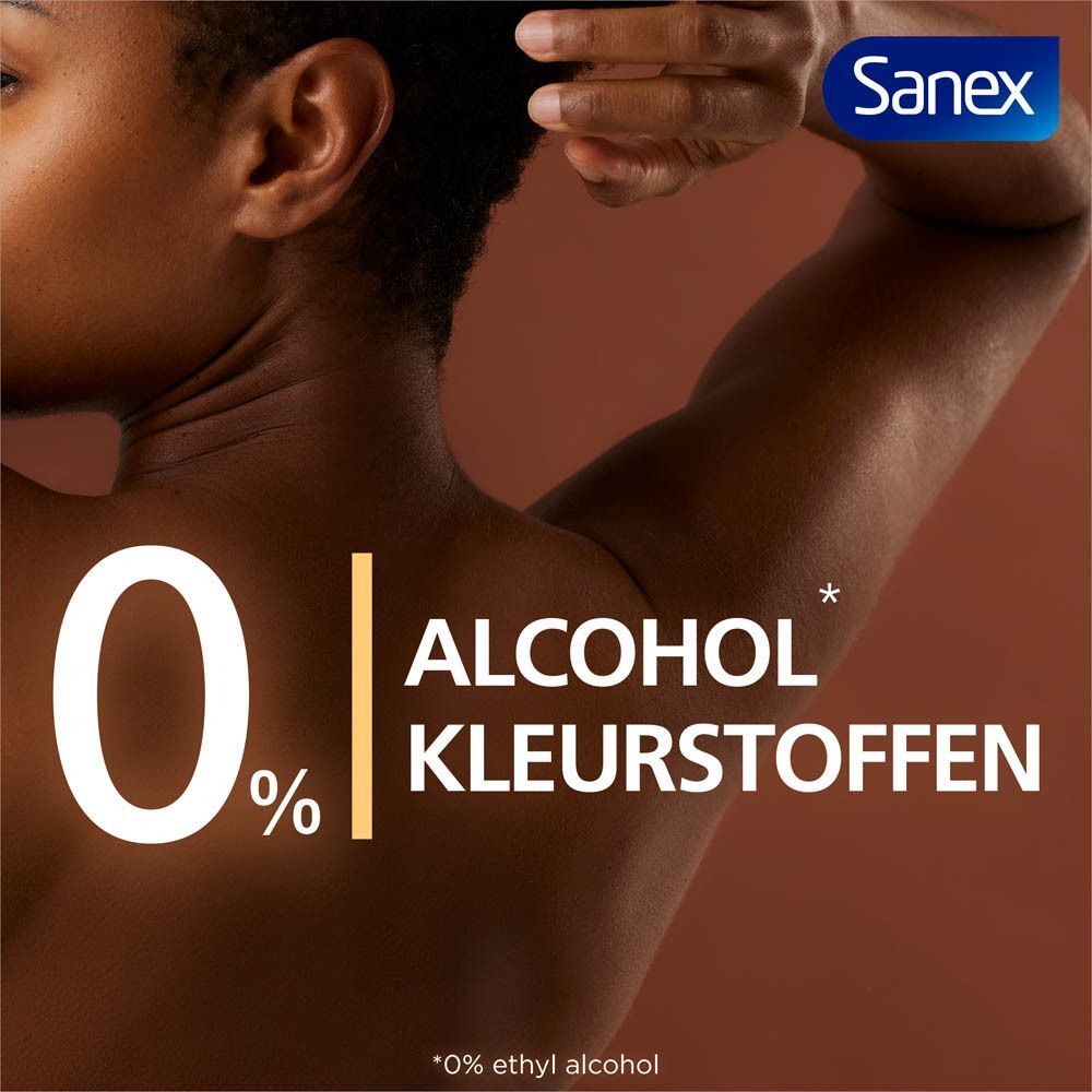 Arm van een persoon. Tekst: 0% alcohol kleurstoffen. Sanex-logo.