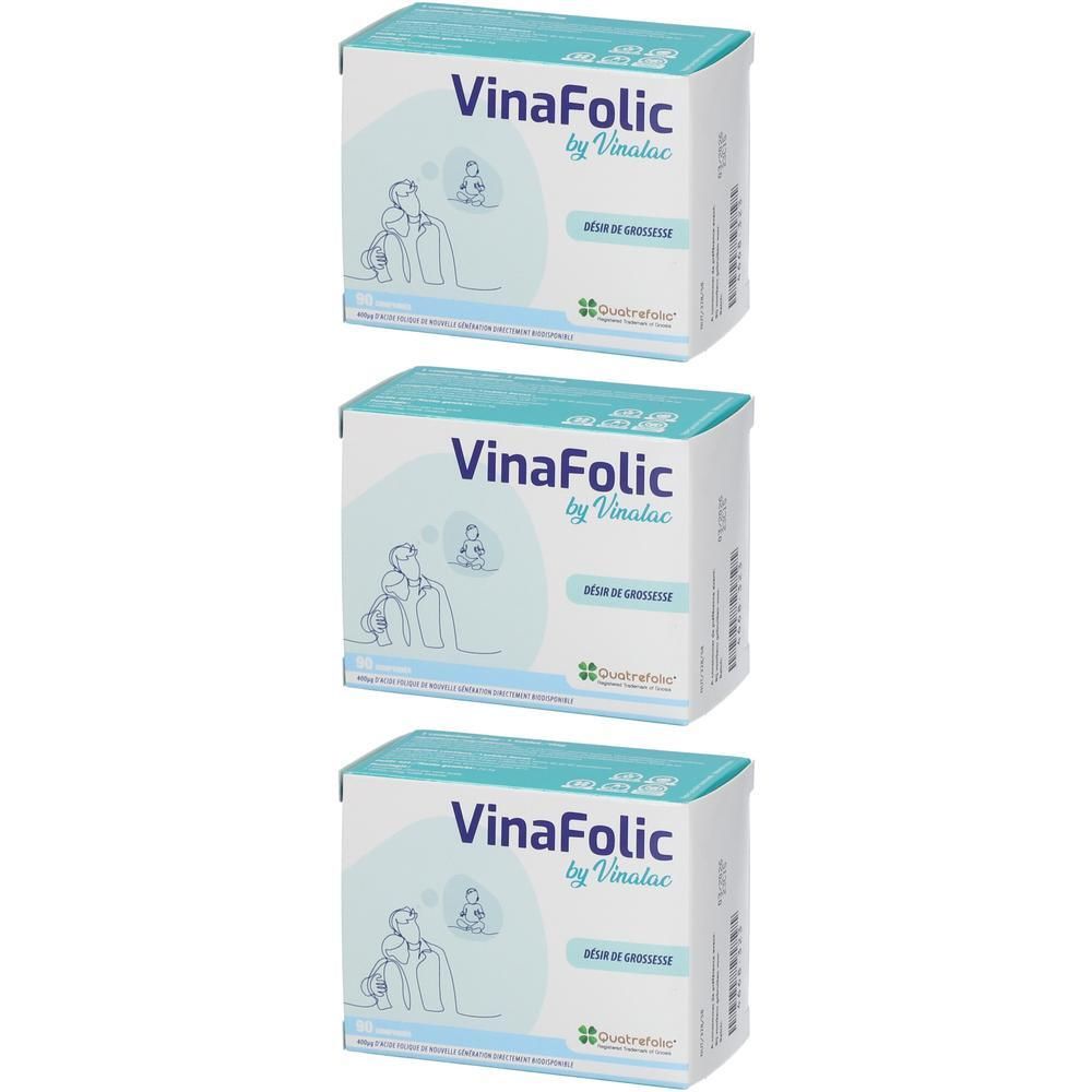 Drie dozen VinaFolic van Vinalac. Witte verpakking met blauw deksel en logo. Illustratie van een moeder met kind.