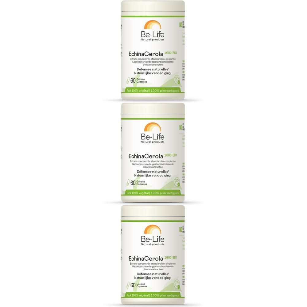 Trois boîtes blanches avec étiquettes. Inscription : Be-Life, EchinaCerola, 60 gélules. Design vert et jaune.