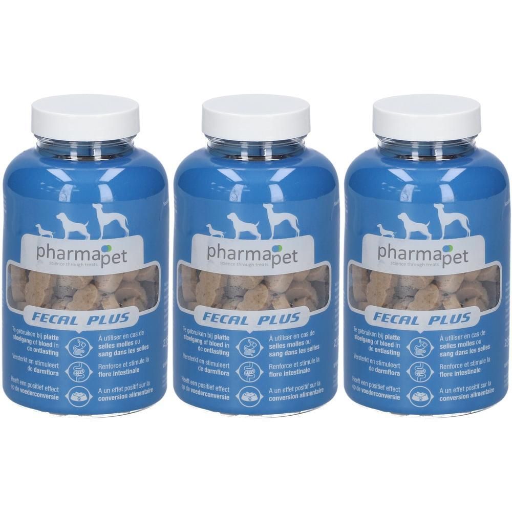 Trois flacons bleus avec couvercles blancs. Inscription Pharma Pet Fecal Plus. Comprimés visibles à l'intérieur.