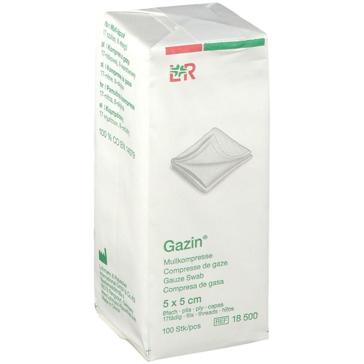 Verpakking met Gazin gaaskompressen. Afmeting 5x5 cm. 100 stuks per verpakking. Merk Lohmann & Rauscher.
