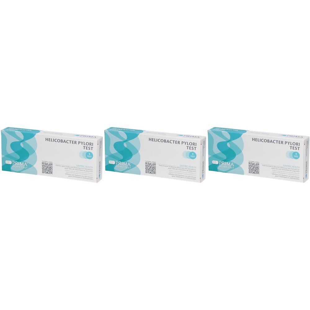 Drie dozen met de tekst "Helicobacter Pylori Test". De verpakkingen zijn wit met een blauw golfpatroon.